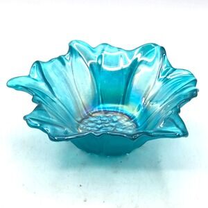 Akcam Blue Iridescent Turkish Floral Art Glass‎ Bowl Cottage Core